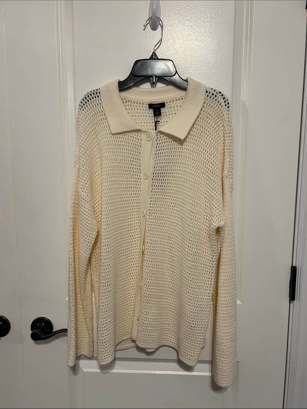 Halogen Cream Open-Knit Collared Button Cardigan